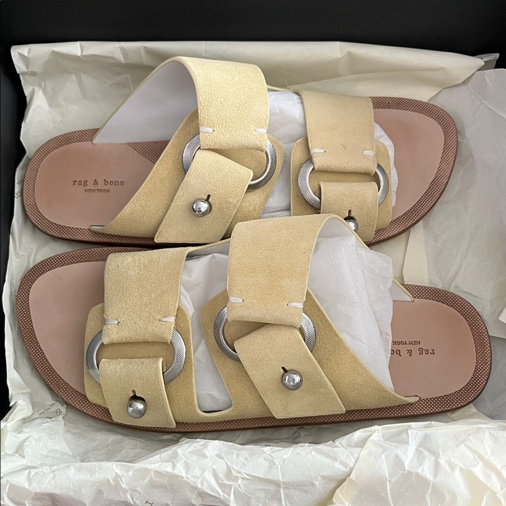 NEW rag & bone $350 Avost Silver Buckle Strappy Slide Sandal Yellow Size 38